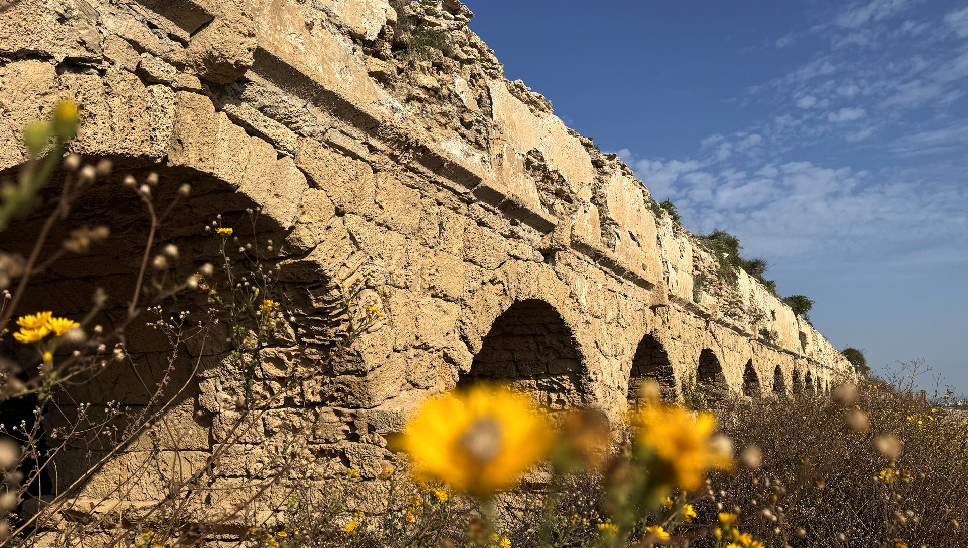 Ancient stone aqueduct with yellow wildflowers under a clear blue sky.