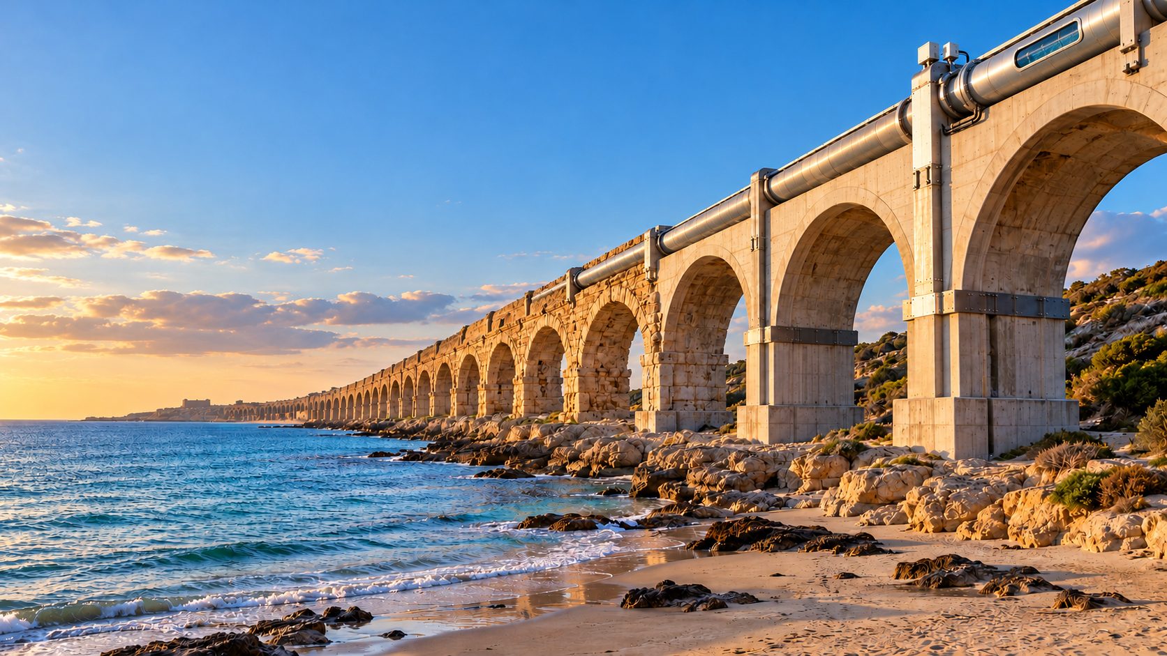 Concept visualization: an ancient arched aqueduct carrying a modern enclosed walkway along the Mediterranean shore at golden hour; not an existing facility.