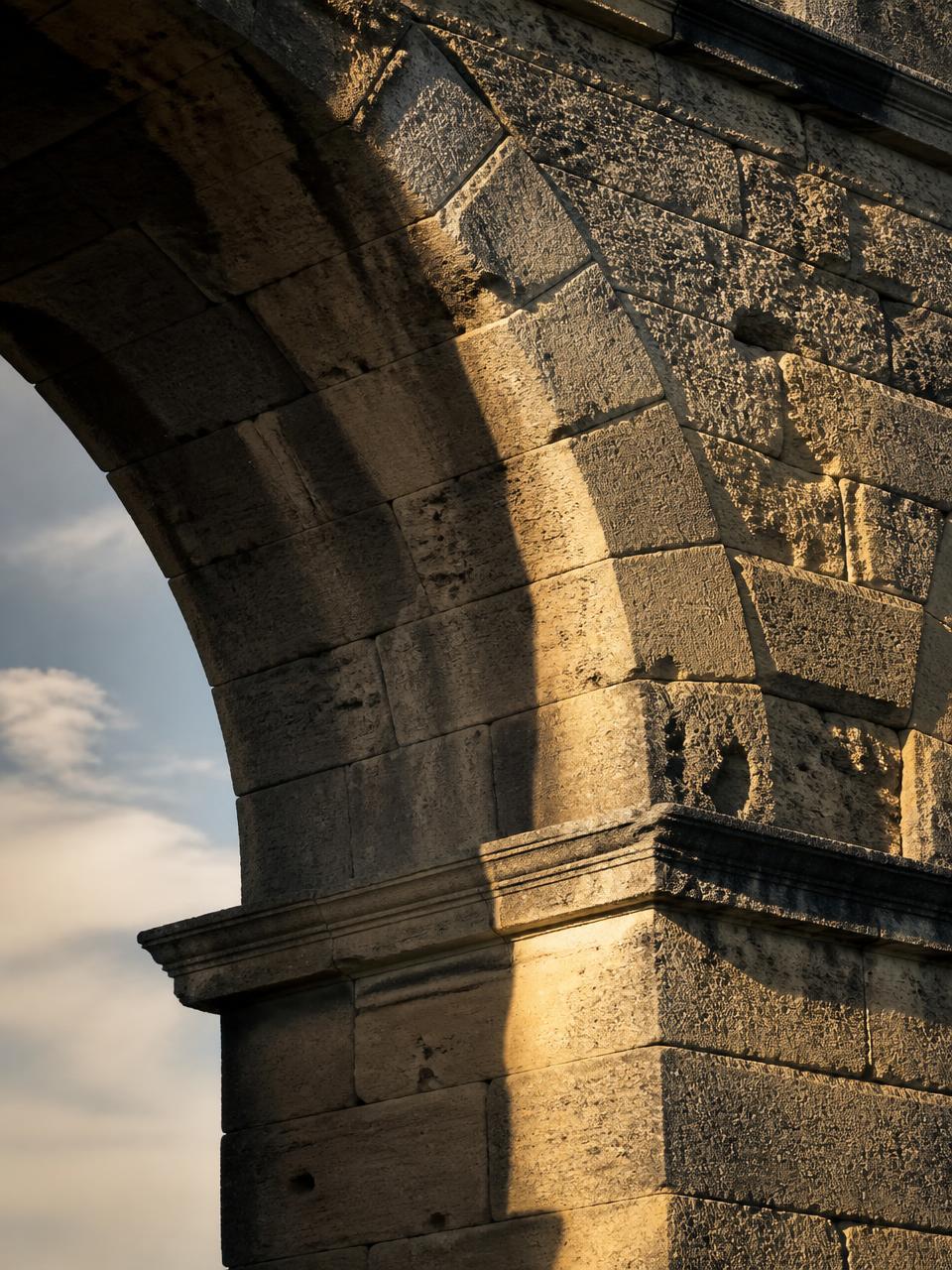 Current photograph of the aqueduct's stonework, raking light across weathered limestone.