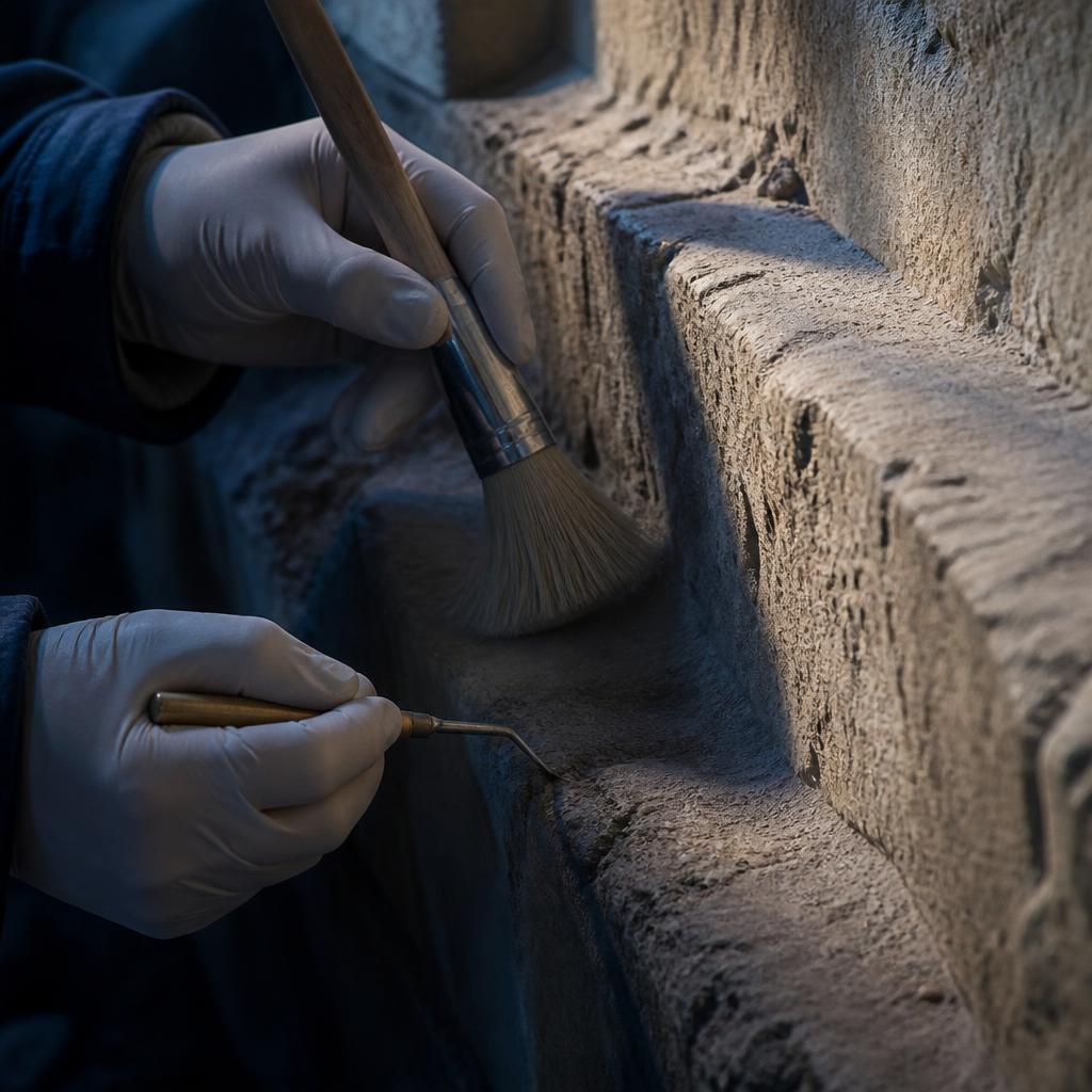 A conservator cleaning ancient aqueduct masonry by hand