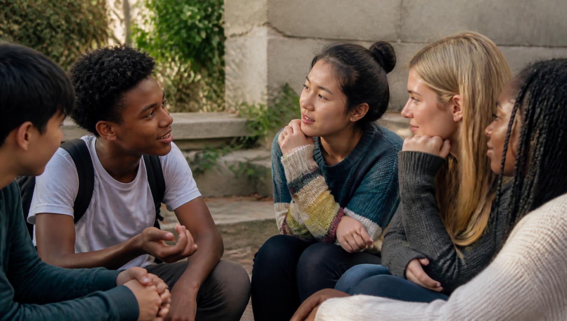 Young people from different cultures in conversation outdoors.